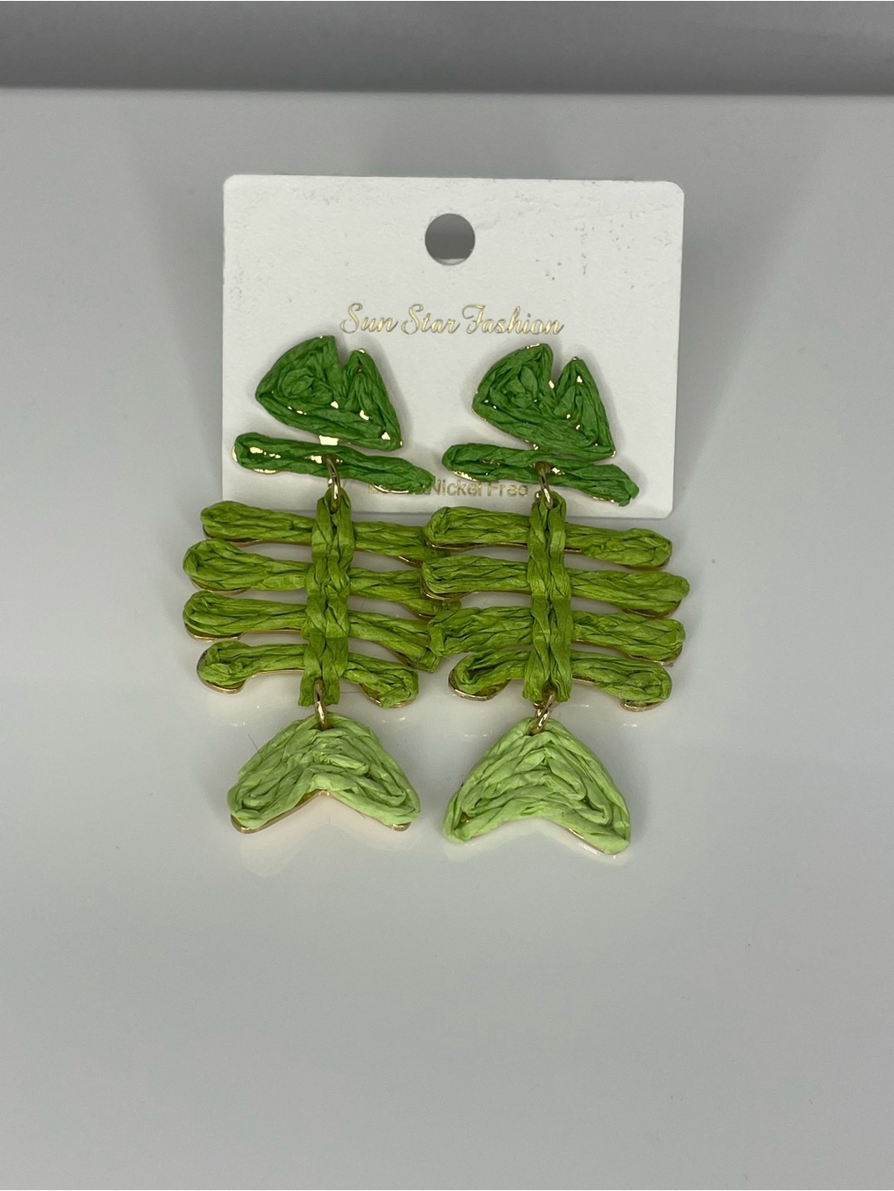 Green Raffia Fish Bones Dangle Earrings